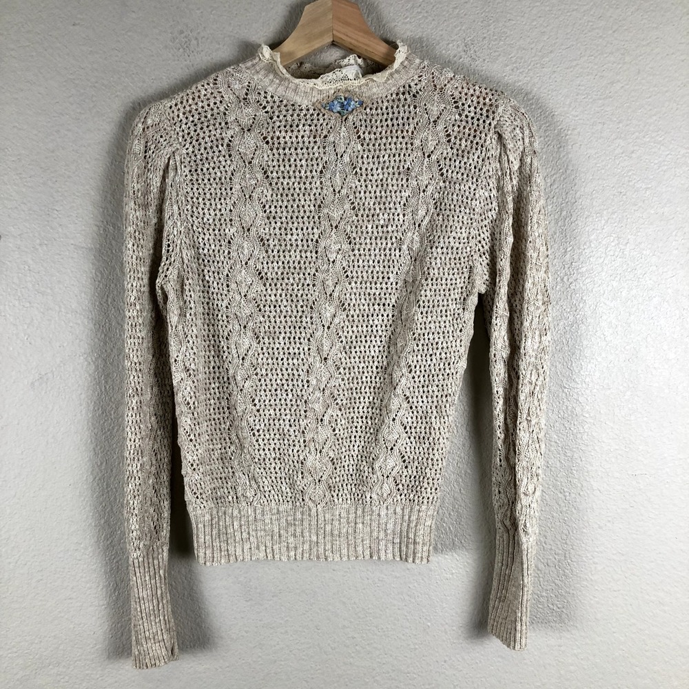 Alberoy Crochet Sweater Womens X Small Cream High Neck Lightweight Cottagecore